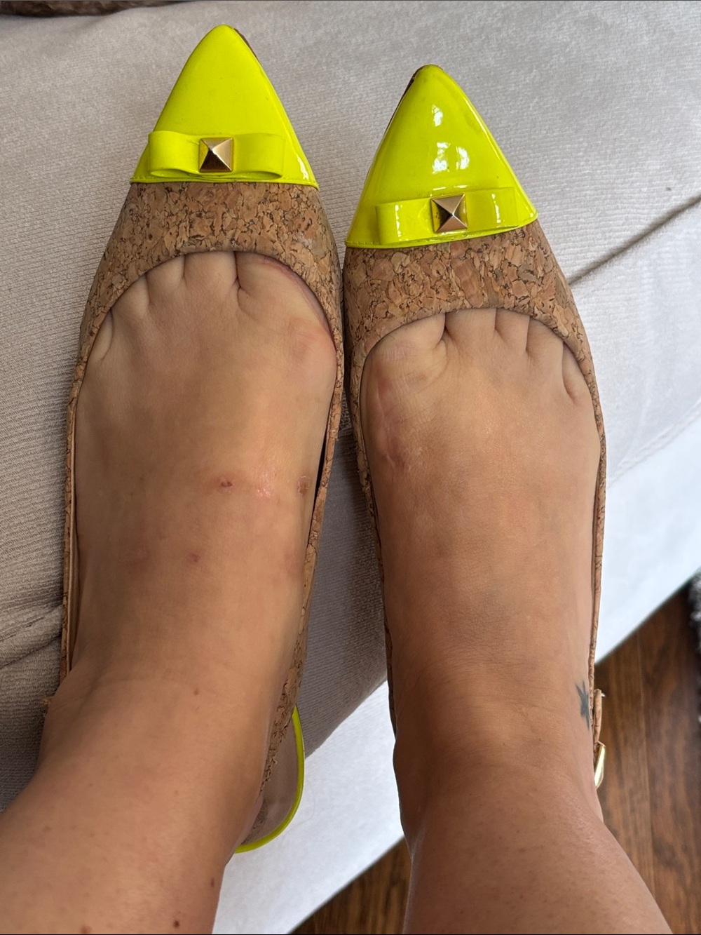 Cork Pointed-Toe Ballerina Flats with Neon Yellow Patent Trim in 7